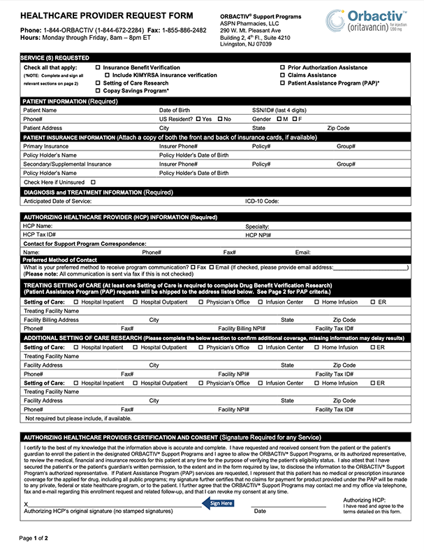 Orbactiv® (oritavancin) for injection Patient Enrollment form